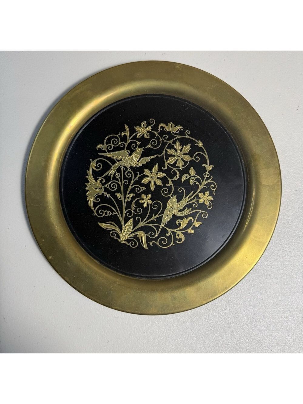 Vintage Brass Decorative Plate 10 Inch Black Gold Birds Floral